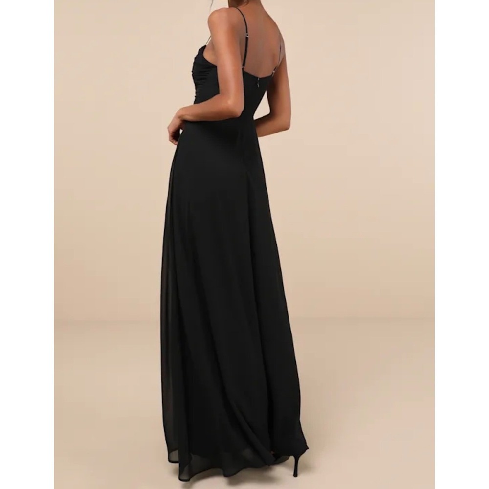 Lulus Sweeny Black Ruched Notched V-Neck Spaghetti Strap Maxi Dress  Size M - Picture 3 of 12
